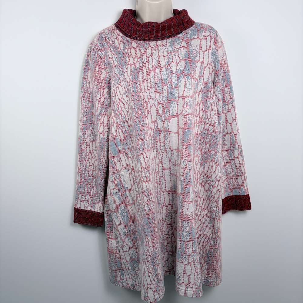 Anthropologie Maeve Dress Sz L Artsy Eclectic Print Suma Sweater Cowl Neck Tunic